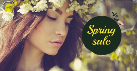 Ontwerpsjabloon van Facebook AD van Spring Sale with Woman in Flower Wreath