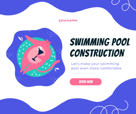 Pool Construction Service Offer with Cute Pink Cat Facebook Design Template