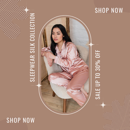 Beautiful Young Woman in Silk Pajamas Sitting on Chair Instagram AD – шаблон для дизайна