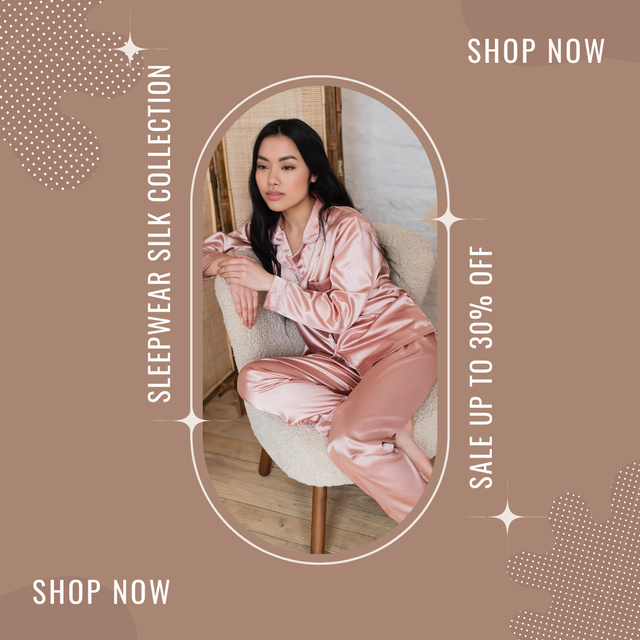 Beautiful Young Woman in Silk Pajamas Sitting on Chair Instagram AD Šablona návrhu