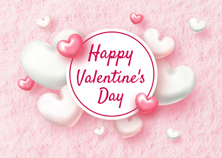 Plantilla de diseño de Saludo de feliz día de San Valentín con hermosos corazones rosas y blancos Card 