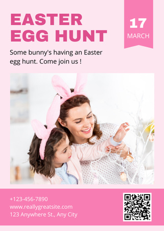 Modèle de visuel Annonce de chasse aux œufs de Pâques avec une femme et un enfant avec des oreilles de lapin - Flayer