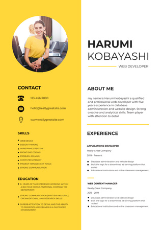 Template di design Web Developer Skills and Experience on Yellow Resume