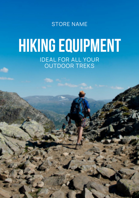 Limited-time Hiking Equipment Sale Offer with Tourist in Mountains Flyer A5デザインテンプレート