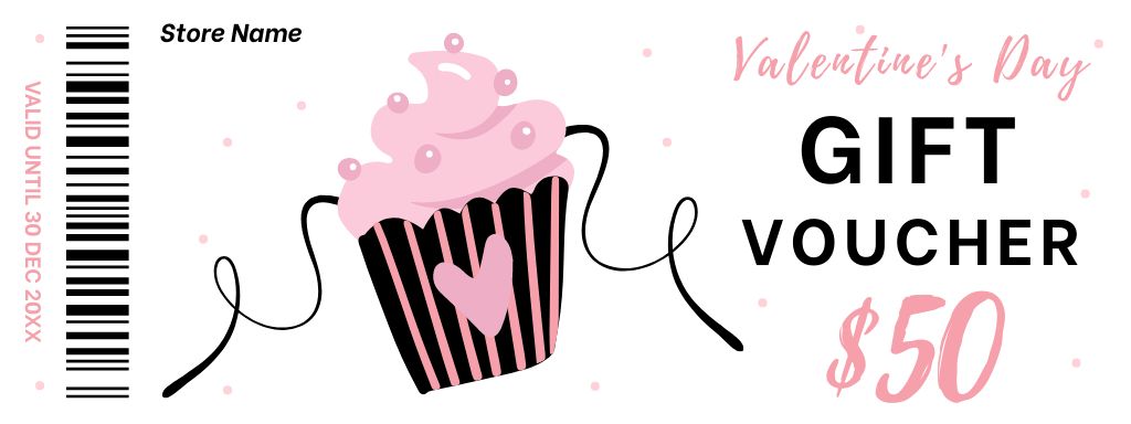 Gift Voucher for Sweets for Valentine's Day with Cute Cupcake Coupon Design Template