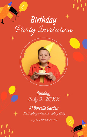 Boy's Birthday Party Announcement on Orange Invitation 4.6x7.2in Design Template