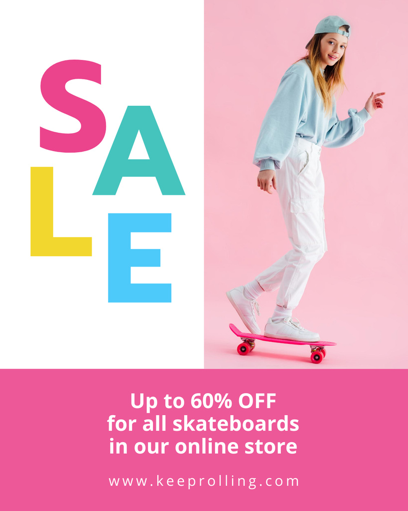 Young Woman on Skateboard on Pink Poster 16x20in Design Template