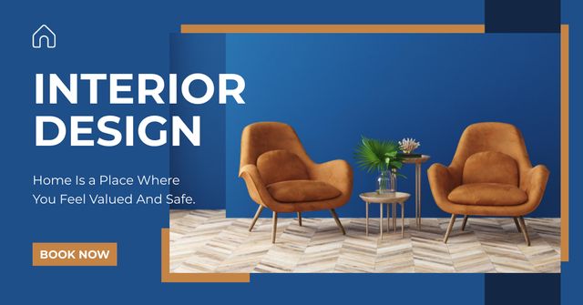 Interior Design Project Offer Blue and Brown Facebook AD Design Template