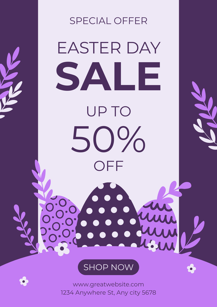 Easter Sale Announcement with Easter Eggs on Purple Posterデザインテンプレート