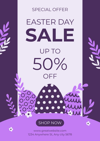 Template di design Annuncio di vendita di Pasqua con uova di Pasqua su viola Poster