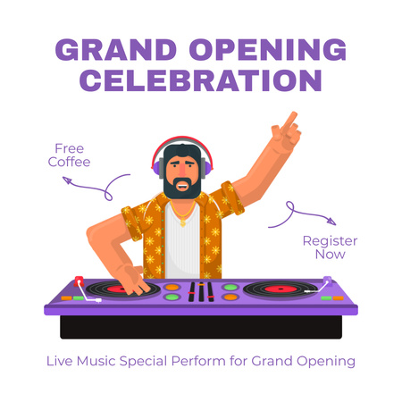 Plantilla de diseño de Gran celebración de inauguración con registro y DJ. Instagram AD 