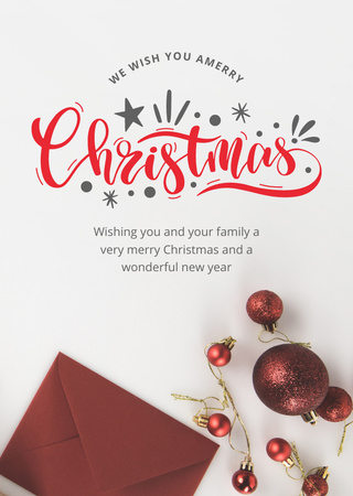 Christmas and New Year Wishes with Baubles and Gift Postcard A6 Vertical Design Template