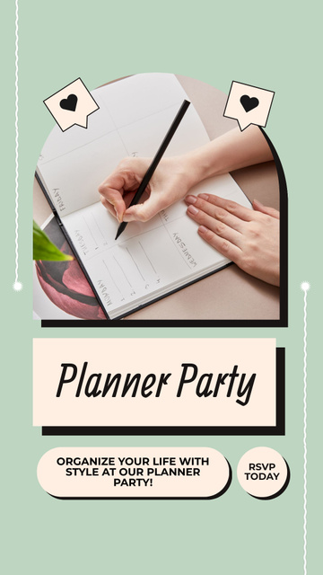 Planner Party Ad with Notes in Notebook Instagram Video Storyデザインテンプレート