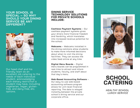 Designvorlage Delicious School Catering Service Ad with Schoolgirl in Canteen für Brochure 8.5x11in Z-fold