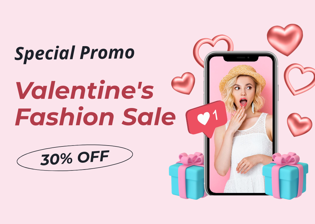 Special Valentine's Day Promotion with Surprised Blonde Woman Card Modelo de Design