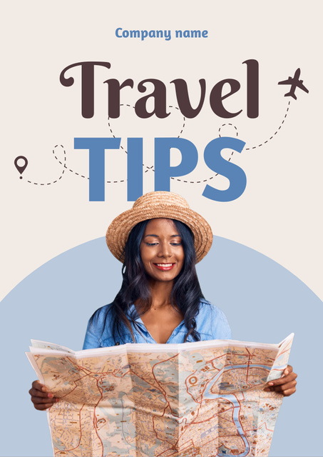 Ontwerpsjabloon van Flyer A4 van  Travel Tips With  Beautiful Woman In Hat
