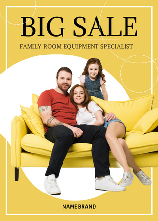 Designvorlage Familie auf stilvollem gelbem Sofa im Möbelverkauf für Flayer