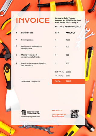 Designvorlage Rechnung der Baufirma mit Werkzeugen für Invoice