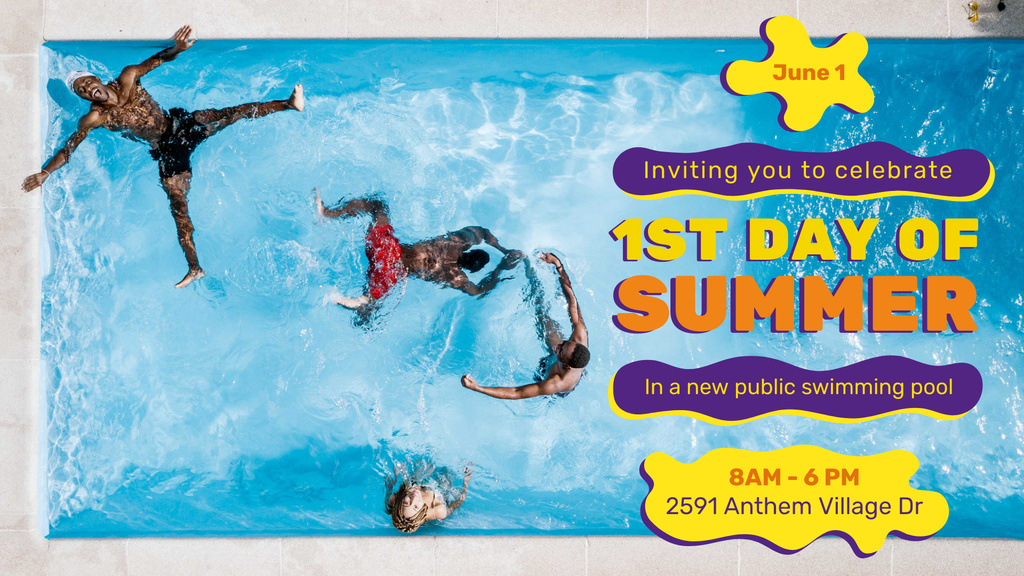 Template di design First Day of Summer invitation People Swimming in Pool FB event cover
