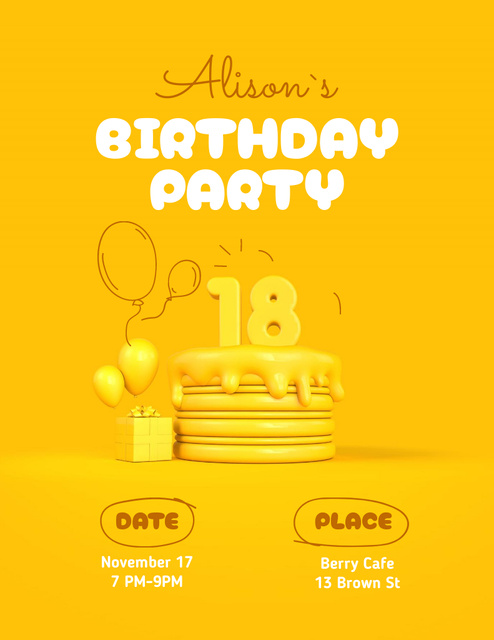 18s Birthday Party Invitation on Bright Yellow Flyer 8.5x11in – шаблон для дизайна
