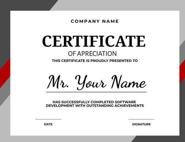 Appreciation for Completion Software Development Course Certificateデザインテンプレート