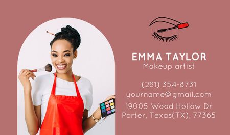 Plantilla de diseño de Friendly Makeup Artist in Apron with Eyeshadows Business card 