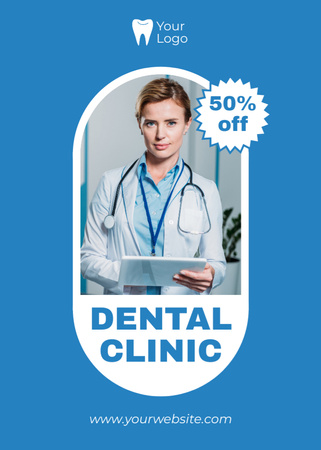 Discount Offer in Dental Clinic with Confident Doctor Flayer Šablona návrhu