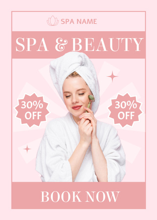 Designvorlage Spa and Beauty Salon Advertisement with Woman Using Jade Roller für Flayer