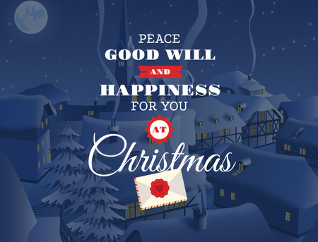 Designvorlage Ich wünsche guten Willen für Weihnachten mit Snowy Night Village in Blau für Postcard 4.2x5.5in