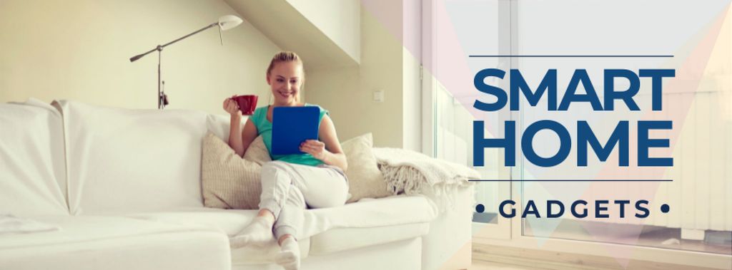 Smart home gadgets with Woman on sofa Facebook cover Modelo de Design