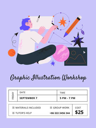 Illustration Workshop with Graphite Pencils on Blue Poster US Design Template