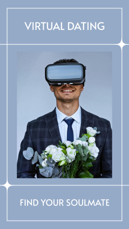 Virtuális társkereső hirdetés virágot tartó férfival VR-szemüvegben Instagram Story tervezősablon