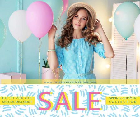 Fashion sale ad Woman holding colorful balloons Facebook Modelo de Design