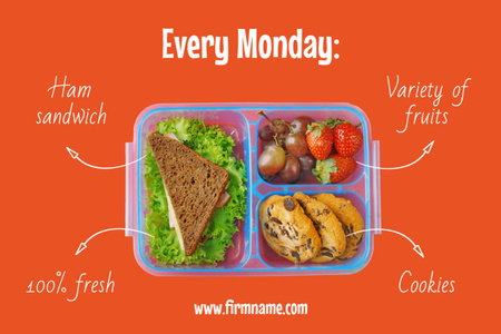 School Food Ad with Meal in Lunch Box Label Design Template