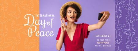 Ontwerpsjabloon van Facebook cover van International Day of Peace Happy Woman Taking Selfie