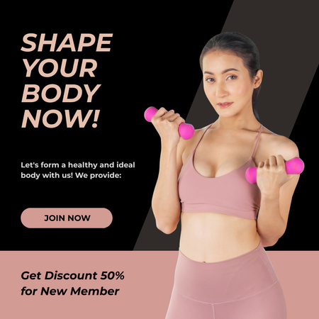 Pozvánka do fitness studia s mladou asijskou ženou Instagram Šablona návrhu