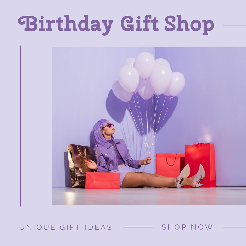Szablon projektu Birthday Gift Shop Ad In Purple With Paper Bags Instagram
