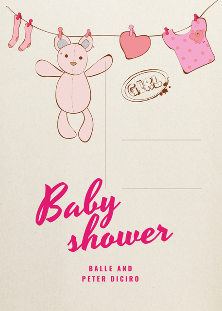 Ontwerpsjabloon van Postcard 5x7in Vertical van Exciting Baby Shower Announcement With Toys And Clothes