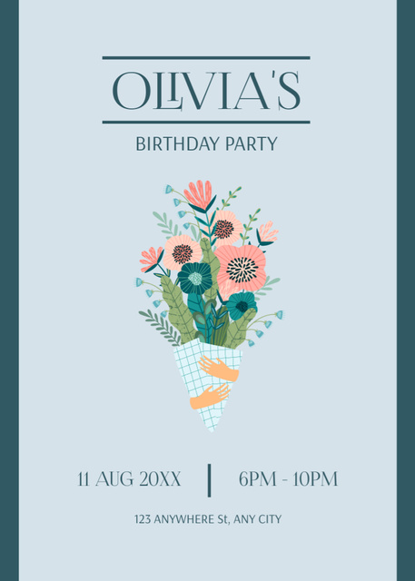 Birthday Party Announcement with Bouquet of Flowers Flayer Design Template