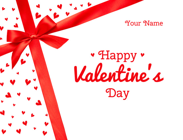 Ontwerpsjabloon van Postcard 4.2x5.5in van Valentine's Day Greeting with Red Ribbon Bow and Hearts