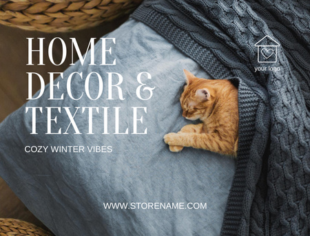 Sevimli Uyuyan Kedi ile Ev Dekorasyonu ve Tekstil Teklifi Postcard 4.2x5.5in Tasarım Şablonu