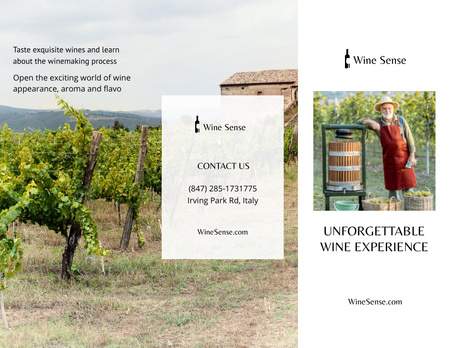 Modèle de visuel Annonce de dégustation de vin avec un agriculteur dans le jardin de raisin - Brochure 8.5x11in