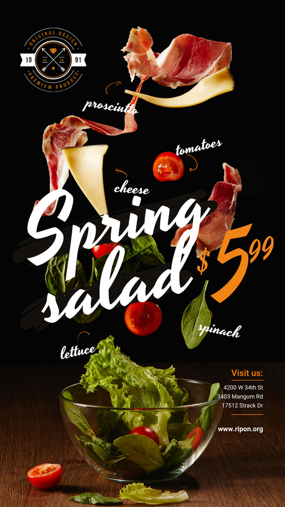 Spring Menu Offer with Salad Falling in Bowl Instagram Story Šablona návrhu