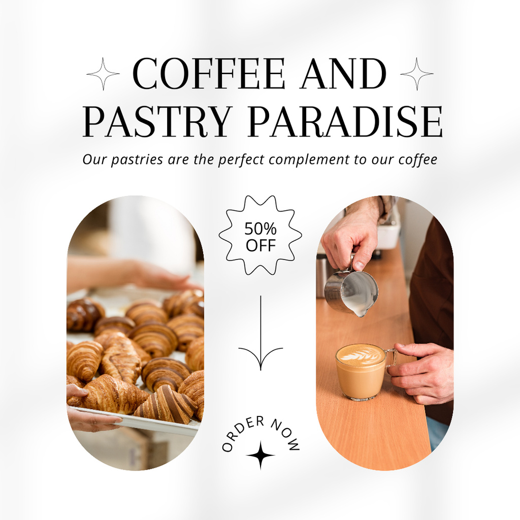 Designvorlage Tasteful Coffee And Croissants At Discounted Rates Offer für Instagram AD
