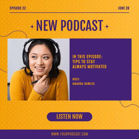 Podcast about Motivation with Woman in Earphones Instagram Design Template