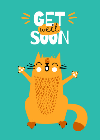 Get Well Wish With Illustrated Cat in Green Postcard 5x7in Vertical Design Template