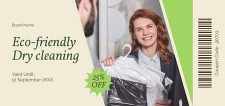 Offer of Eco-Friendly Dry Cleaning Services with Happy Woman Coupon Din Large Design Template