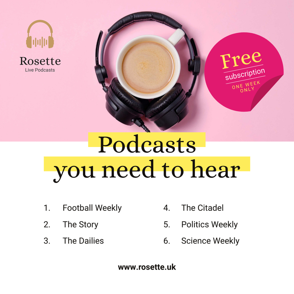 Platilla de diseño Podcast Ad Headphones on Cup of Coffee in Pink Instagram