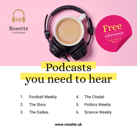 Plantilla de diseño de Auriculares con anuncios de podcast en una taza de café en rosa Instagram 