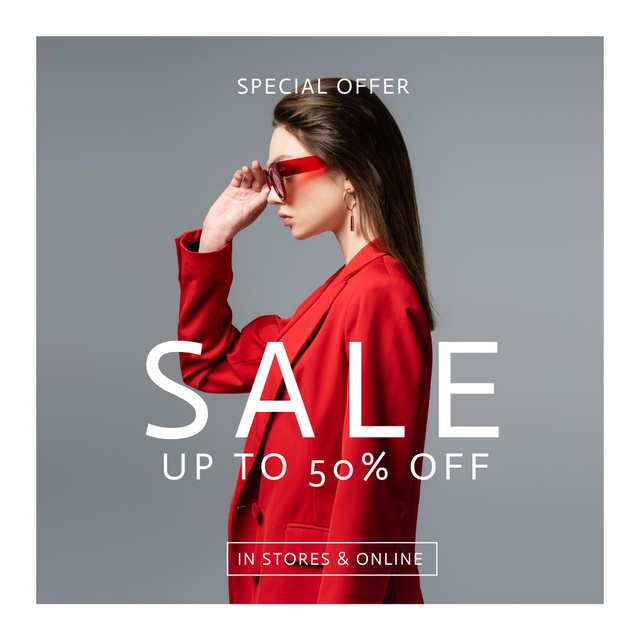Special Fashion Discount Offer with Woman in Red Glasses Instagram Šablona návrhu